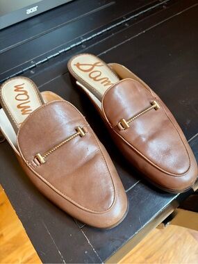 Sam Edelman Tan Leather Slip-On Loafer Mules with Gold Accent
